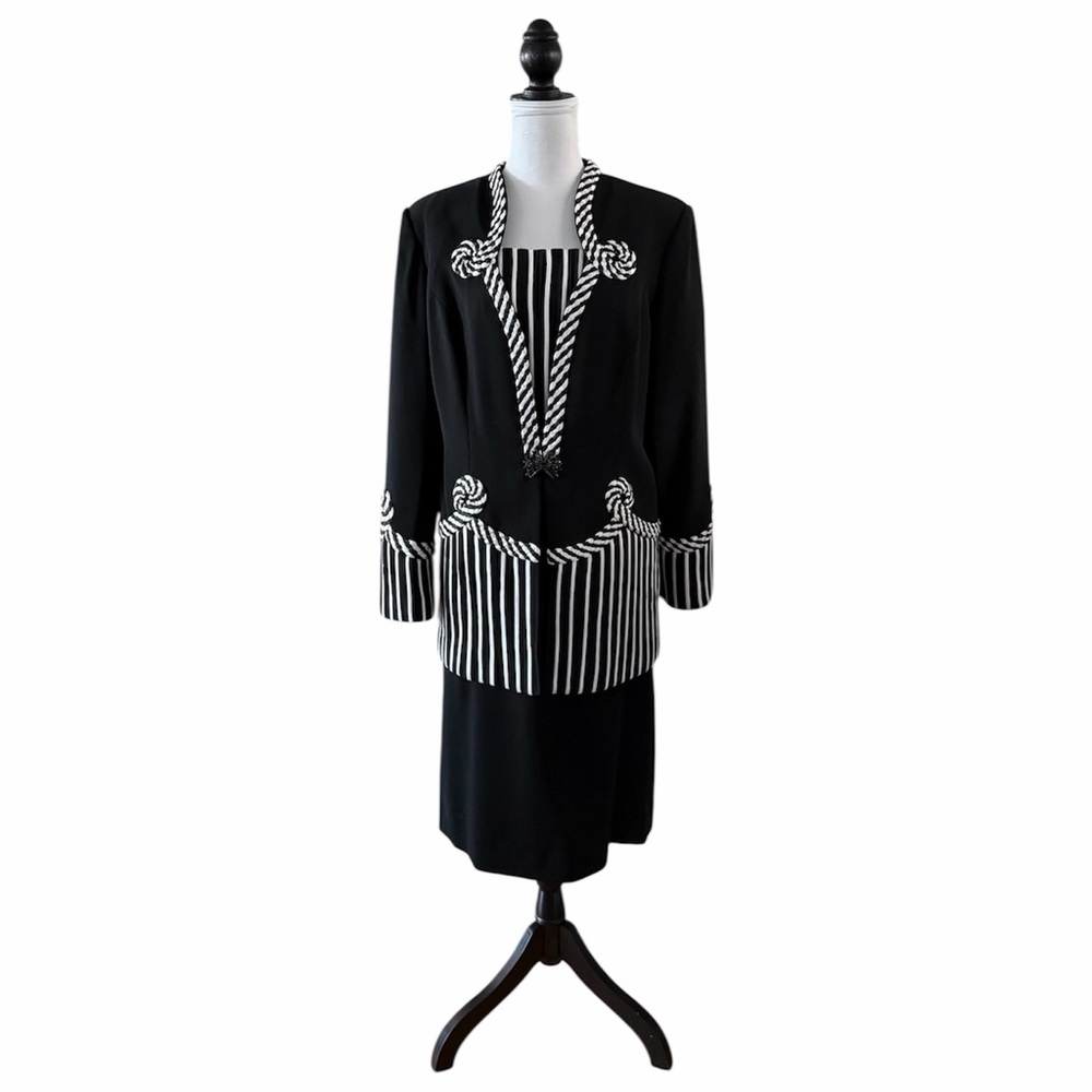 Nina Massini Black 3pc Skirt Suit with White Stripes, Size 14